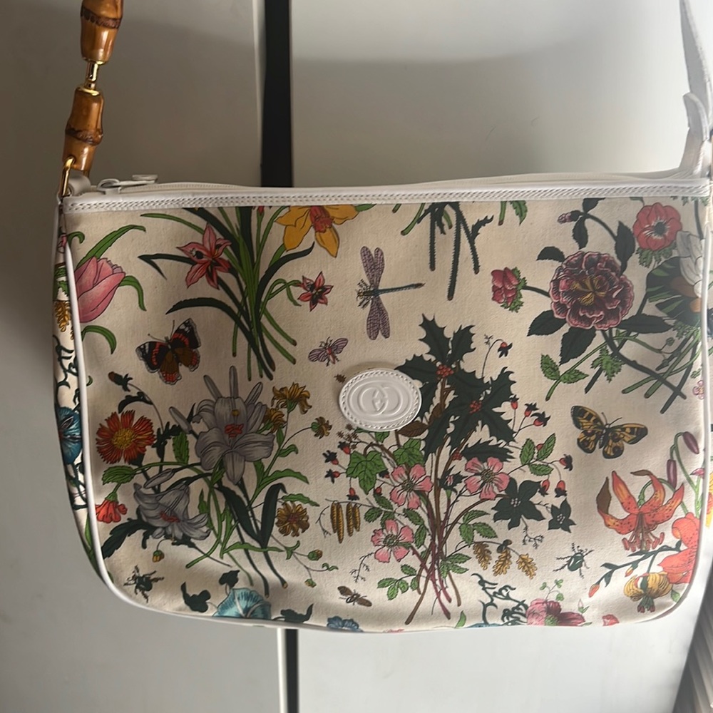 Vintage‎ Gucci Large Flora Canvas Shoulder Bag